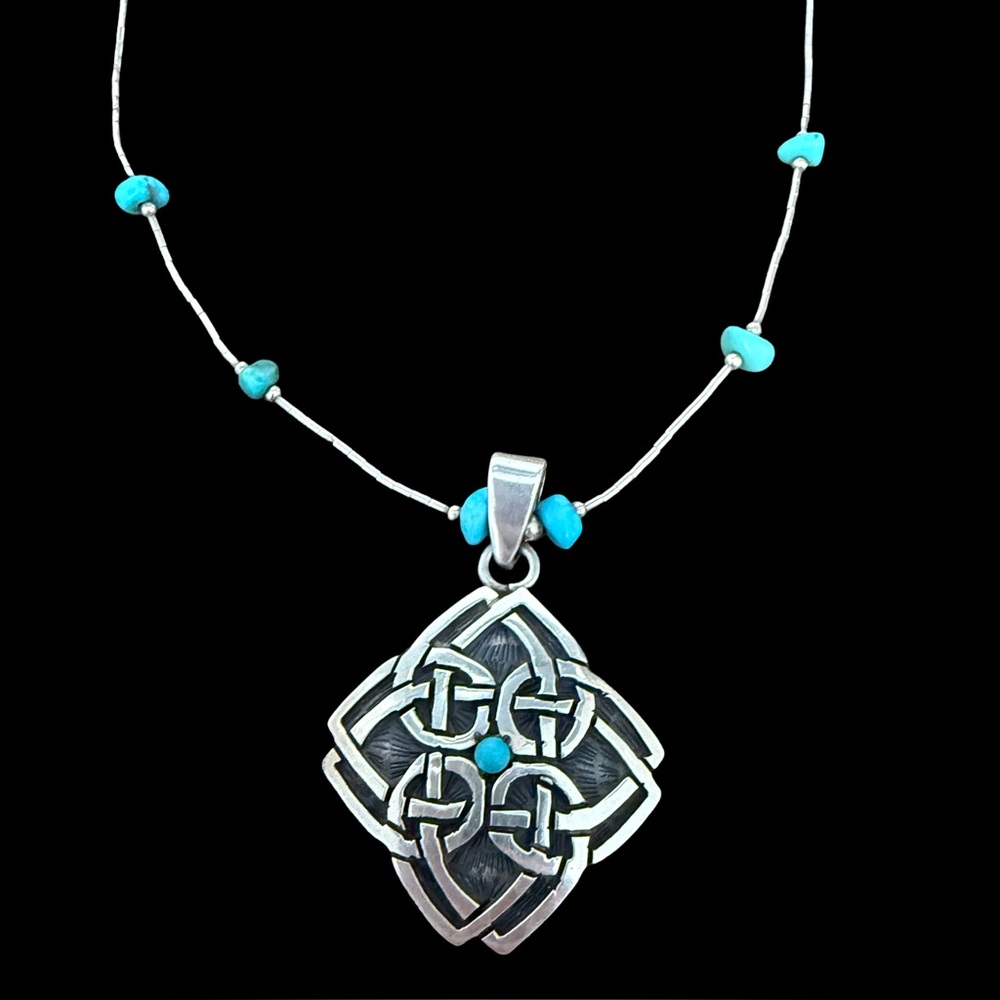 Vintage Liquid Silver & Turquoise Necklace & 925 Celtic Pendent